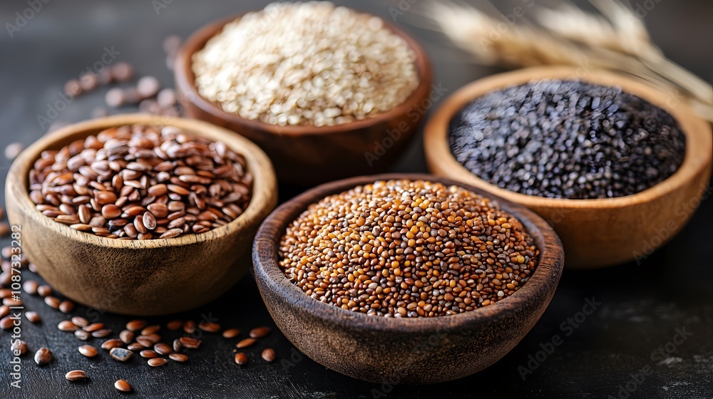 Diverse variety of seeds in wooden bowls on a dark background. Diverse variety of seeds in wooden bowls on a dark background.