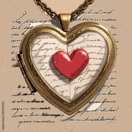 A heart-shaped locket with a handwritten love letter inside, digital painting.
