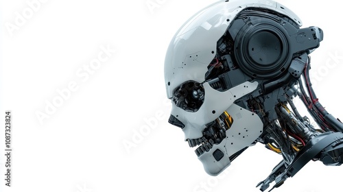 A mechanical skull with detailed circuitry and cables, showcasing intricate technology designs, resembles a humanoid figure with a technological core, suggesting AI evolution.