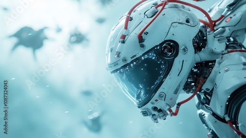 The image showcases an advanced robot with intricate detailing, wearing a futuristic helmet under a cool blue light, symbolizing innovation and technology. photo