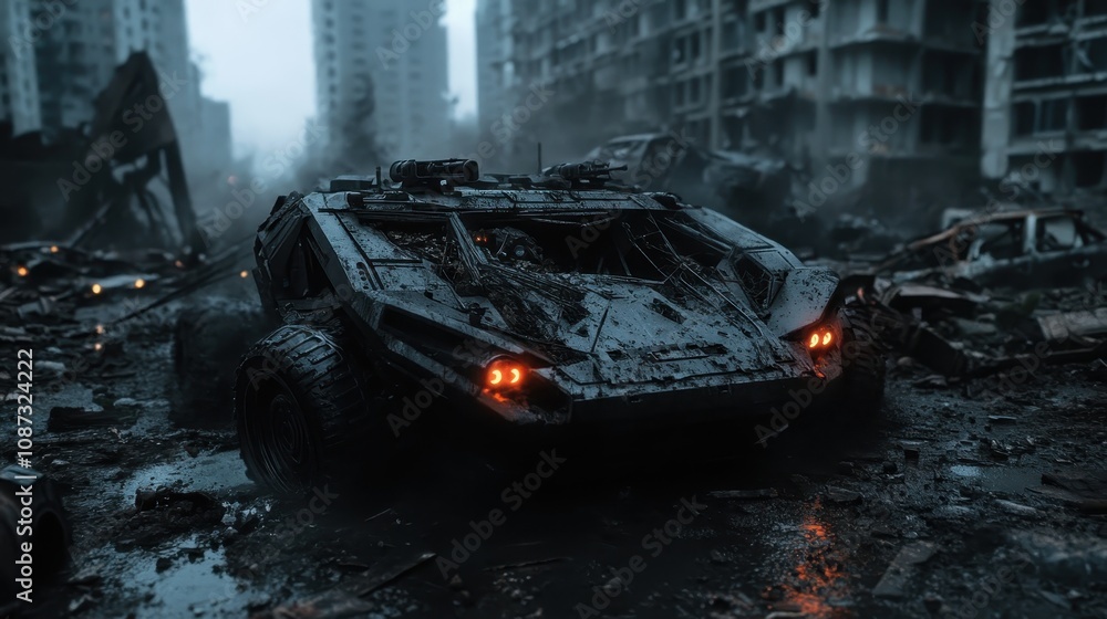 A heavily armored vehicle maneuvers through a post-apocalyptic urban landscape, showcasing resilience, destruction, and technological prowess amidst ruins. A heavily armored vehicle maneuvers through a post-apocalyptic urban landscape, showcasing resilience, destruction, and technological prowess amidst ruins.