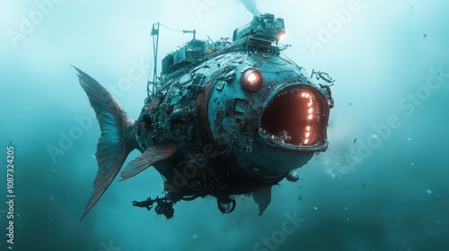 A steampunk fish-inspired submarine glides underwater, showcasing mechanical artistry, exploration themes, and a futuristic design with glowing elements.