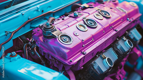 Close-up View of a Shiny Purple Engine Bay with Black and Blue Components,  Reflecting the Light in a Glowing Manner, Showing Off the Details of the Car's Engine photo