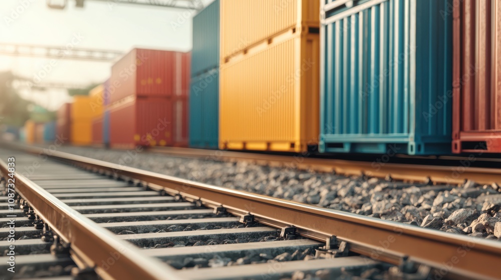 A close-up view of railroad tracks beside colorful shipping containers, highlighting the logistics and transportation industry. A close-up view of railroad tracks beside colorful shipping containers, highlighting the logistics and transportation industry.
