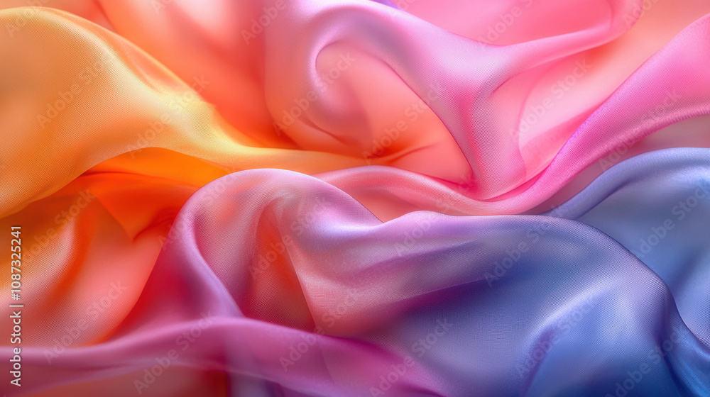 Obraz premium A vibrant swirl of silk fabric showcasing a gradient of soft pastel colors, creating an ethereal and dreamy composition perfect for backgrounds.
