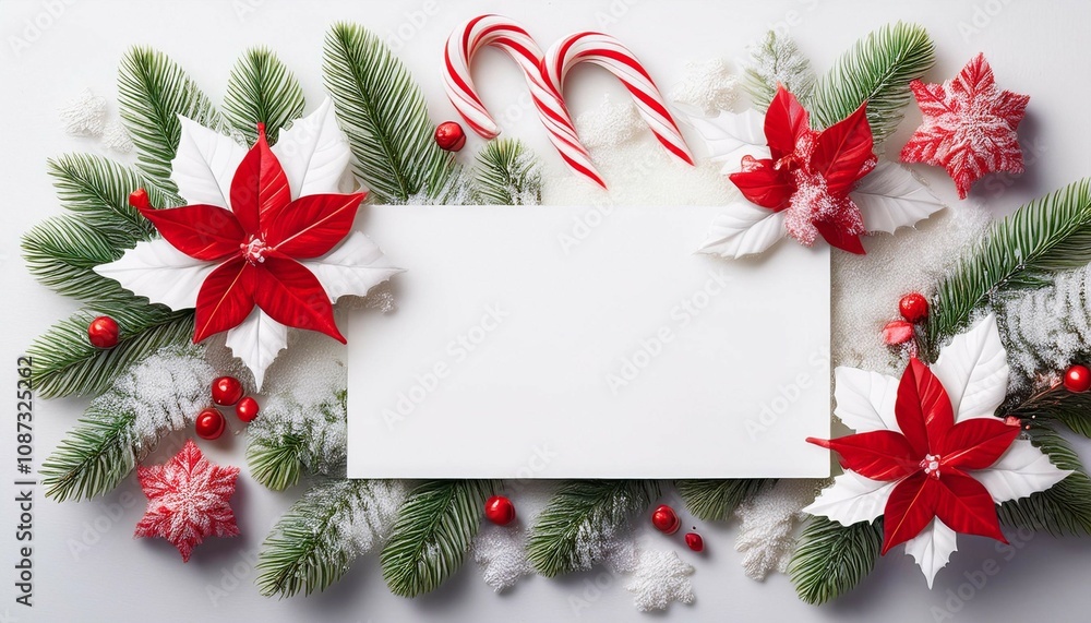 a blank card surrounded by white snow holly leaves and red candy cane decorations on a white background with a christmas theme copy spase a blank card surrounded by white snow holly leaves and red candy cane decorations on a white background with a christmas theme copy spase