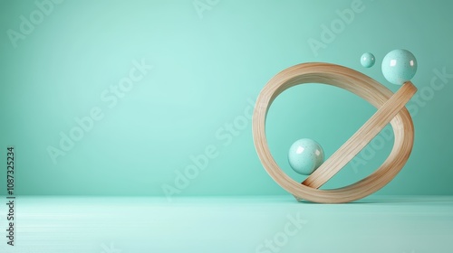 A modern wooden sculpture featuring looping curves balanced by vibrant turquoise spheres, set against a minimalist teal background, creating a tranquil abstraction. photo