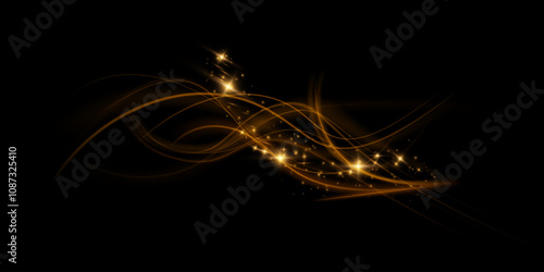 Gold curved light line, rope, tape. Smooth festive gold line png with light effects. Light golden Twirl png. Garland light gold.