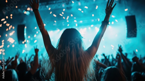 A concert scene with an enthusiastic crowd cheering and raising their hands under the dazzling glow of electrifying stage lights, celebrating the music experience.