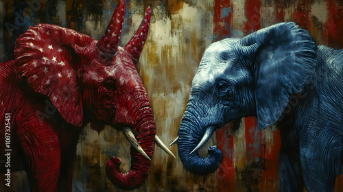 Wallpaper Mural Digital Painting of Two Elephants, One Red, One Blue, Facing Each Other on a Patriotically Themed Background Torontodigital.ca