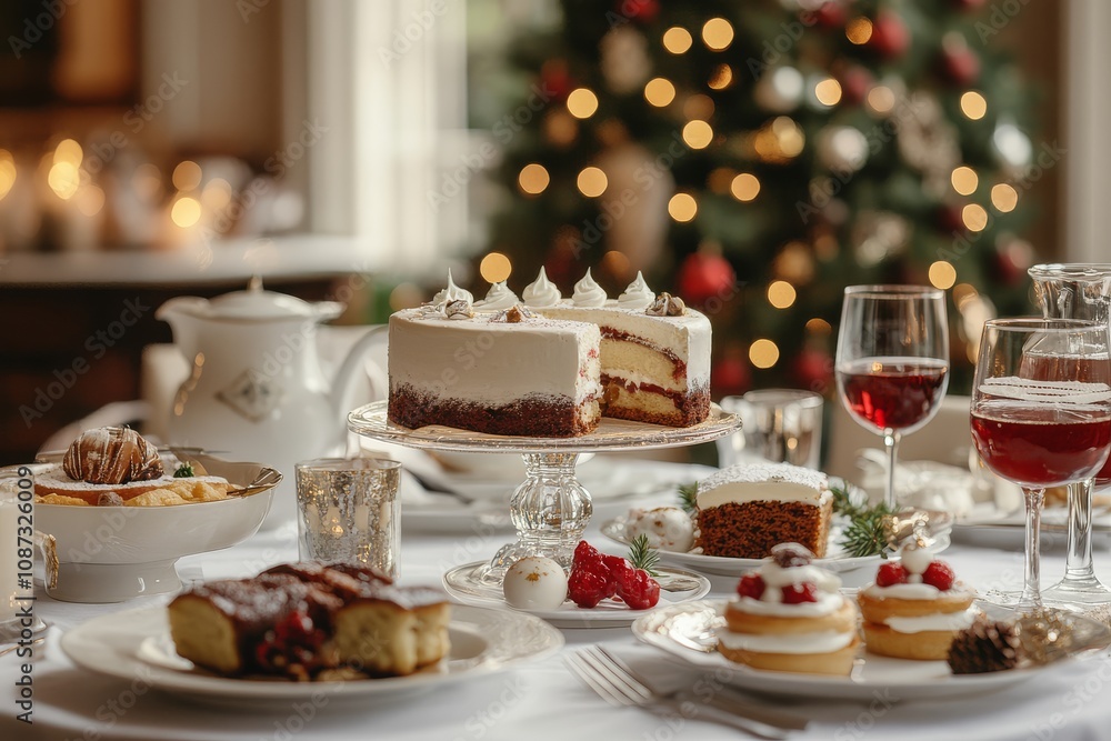 Elegant Christmas table setting with festive food, cakes, drinks, and a small tree in the background, creating a joyful atmosphere. Elegant Christmas table setting with festive food, cakes, drinks, and a small tree in the background, creating a joyful atmosphere.