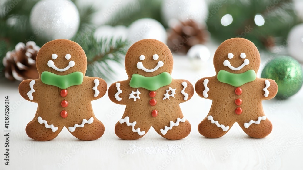 Three cheerful gingerbread men with icing decorations, set against a festive background of pinecones and ornaments. Three cheerful gingerbread men with icing decorations, set against a festive background of pinecones and ornaments.
