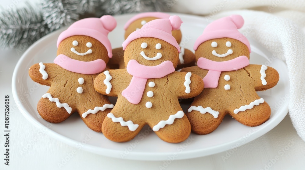 A plate of festive gingerbread cookies shaped like cheerful figures, adorned with pink hats and scarves, perfect for holiday celebrations. A plate of festive gingerbread cookies shaped like cheerful figures, adorned with pink hats and scarves, perfect for holiday celebrations.