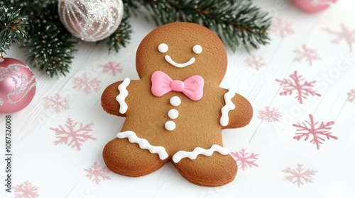 A cheerful gingerbread cookie with a pink bow, decorated with icing, sits on a snowy background, surrounded by festive ornaments.