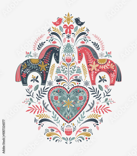 Vector Christmas composition with hand drawn holiday elements, snowflakes. Scandinavian folk ornament.