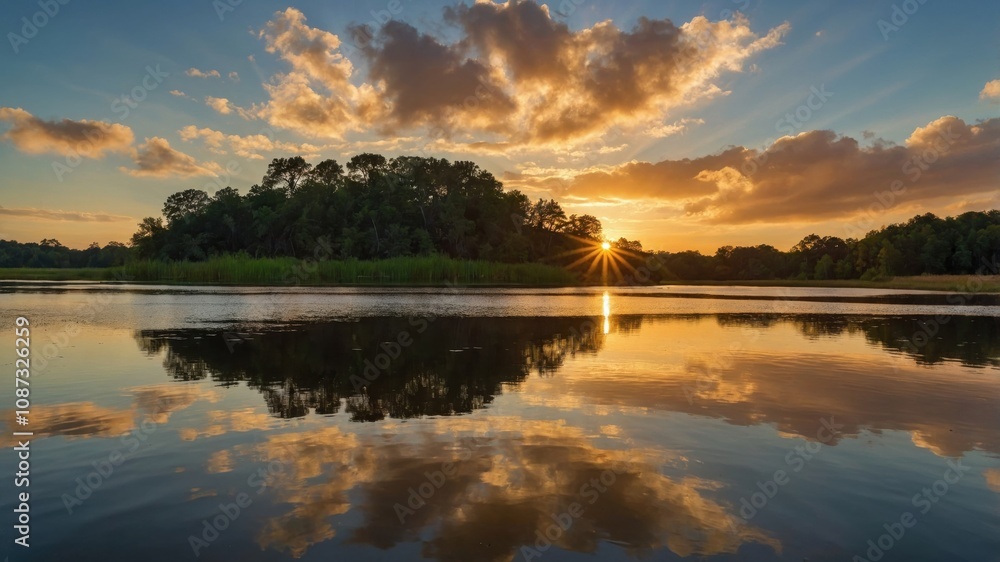 Sunset over tranquil river reflecting colorful clouds and serene landscape in a peaceful natural setting Sunset over tranquil river reflecting colorful clouds and serene landscape in a peaceful natural setting