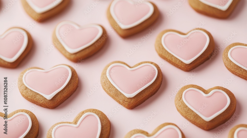 Heart-shaped cookies with pink icing arranged neatly on a light background, perfect for celebrations and sweet occasions. Heart-shaped cookies with pink icing arranged neatly on a light background, perfect for celebrations and sweet occasions.