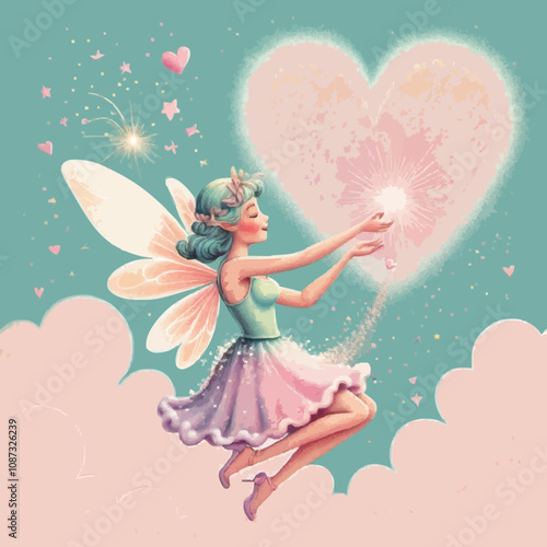 A whimsical illustration of a fairy sprinkling glitter on a heart-shaped cloud, pastel colors.