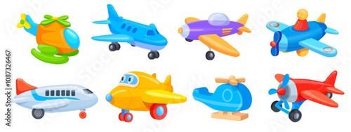Cartoon toy airplanes. Cute toys plane with propeller wing for children game play, kids aeroplane childish aircraft flight small fly jet air transport, set neat vector illustration
