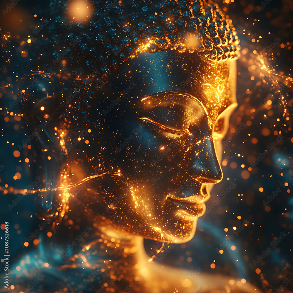 Serene Buddha Head with Glowing Particles Serene Buddha Head with Glowing Particles