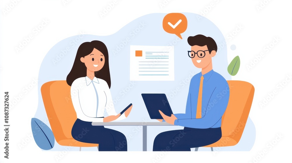 A professional setting where a man and woman engage in discussion, utilizing devices, with documents in the background. A professional setting where a man and woman engage in discussion, utilizing devices, with documents in the background.
