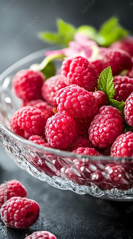 Fresh red raspberries in a crystal bowl with mint leaves and flowers. Fresh red raspberries in a crystal bowl with mint leaves and flowers.