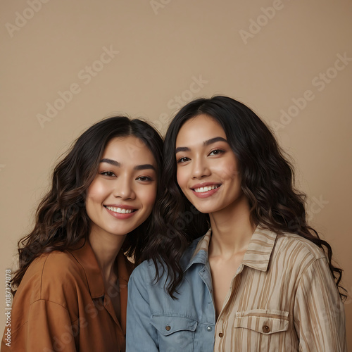 Beauty. Multi-Ethnic Group of women with different skin types together and looking on camera. Diverse ethnicity women - Caucasian, African, and Asian posing and smiling against a beige background.