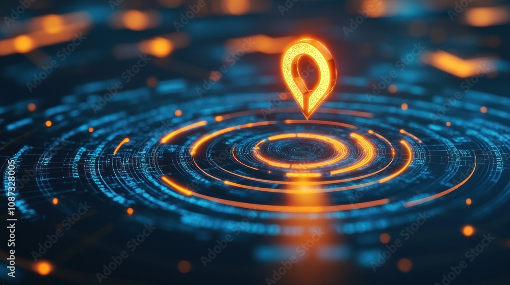 A digital representation of a location pin on a circular network background.