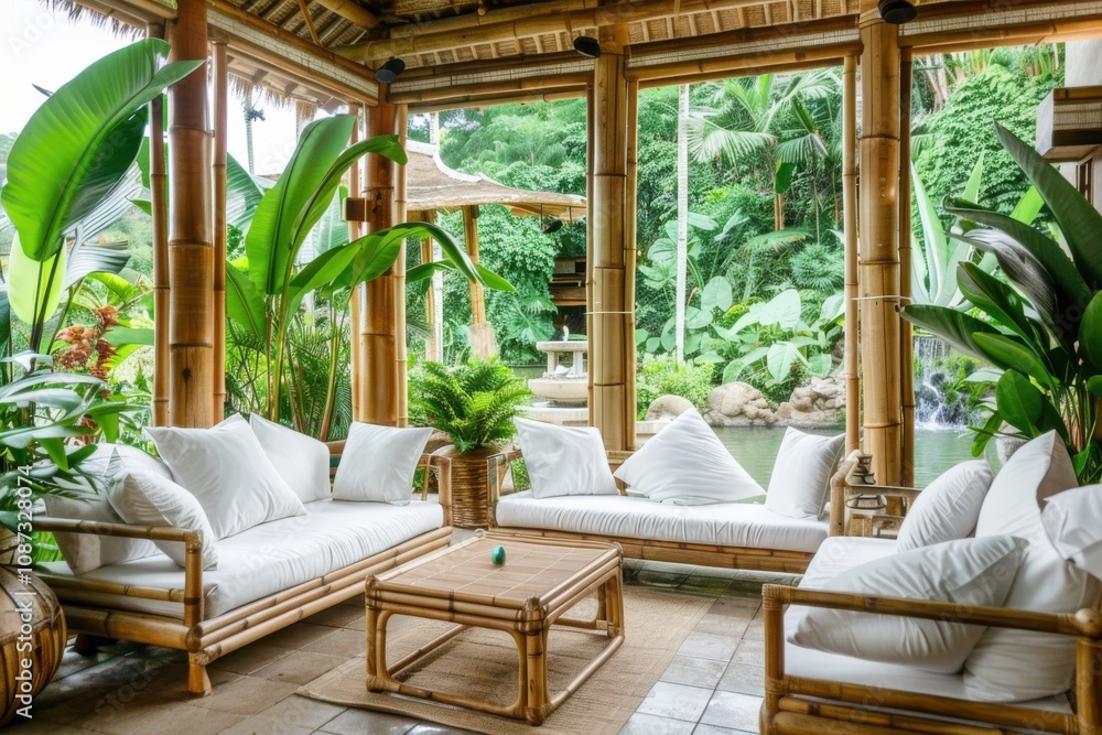 Bamboo Furniture Enhances Relaxation in Tropical Oasis with Lush Greenery Quietly Bamboo Furniture Enhances Relaxation in Tropical Oasis with Lush Greenery Quietly