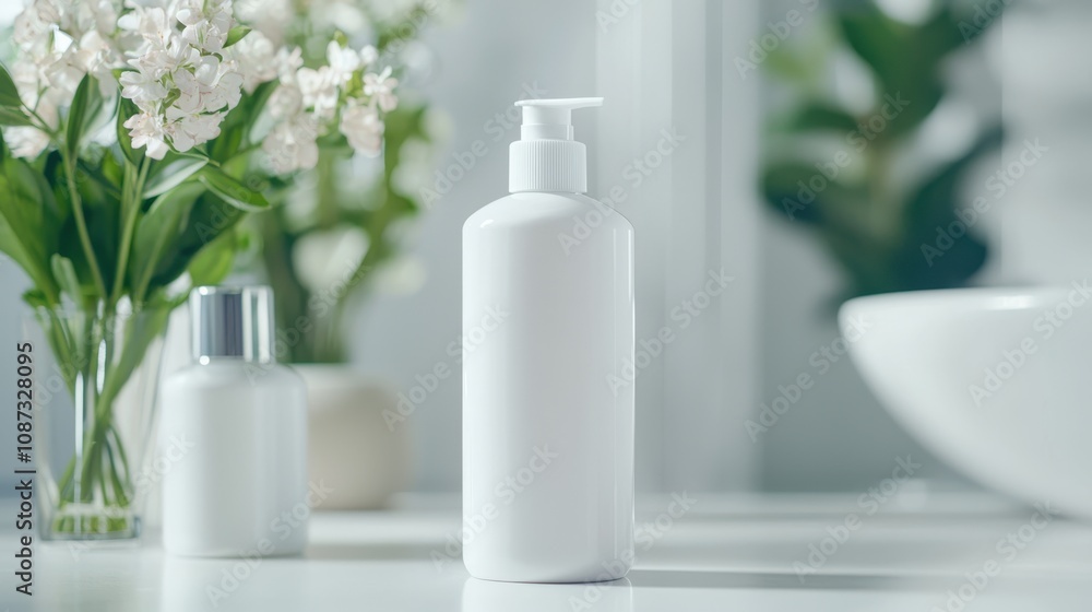 A minimalistic bathroom scene featuring white lotion bottles and fresh flowers, creating a serene and clean atmosphere. A minimalistic bathroom scene featuring white lotion bottles and fresh flowers, creating a serene and clean atmosphere.