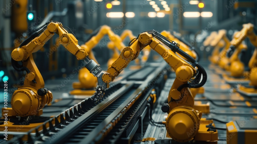 Industrial scene featuring robotic arms working on an assembly line. Industrial scene featuring robotic arms working on an assembly line.