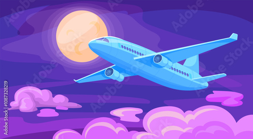 Airplane night sky. Commercial passenger plane flight in dark cloud moon cartoon background, aircraft cargo charter business jet civil aviation, air travel neat vector illustration