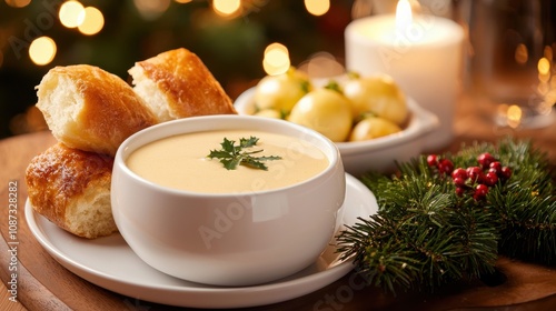 A cozy holiday setting featuring a bowl of creamy soup, fresh rolls, and festive decorations, perfect for winter gatherings.