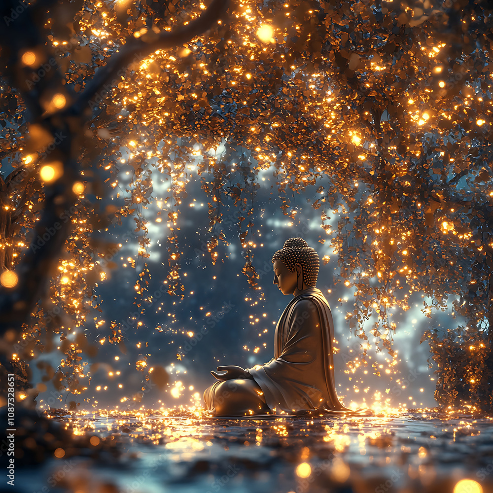 Obraz premium Serene Buddha Surrounded by Glowing Lights