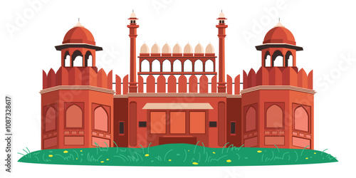 Indian Hindu Red Fort Vector Architecture, Iconic symbol of  New Delhi, Old Delhi India 