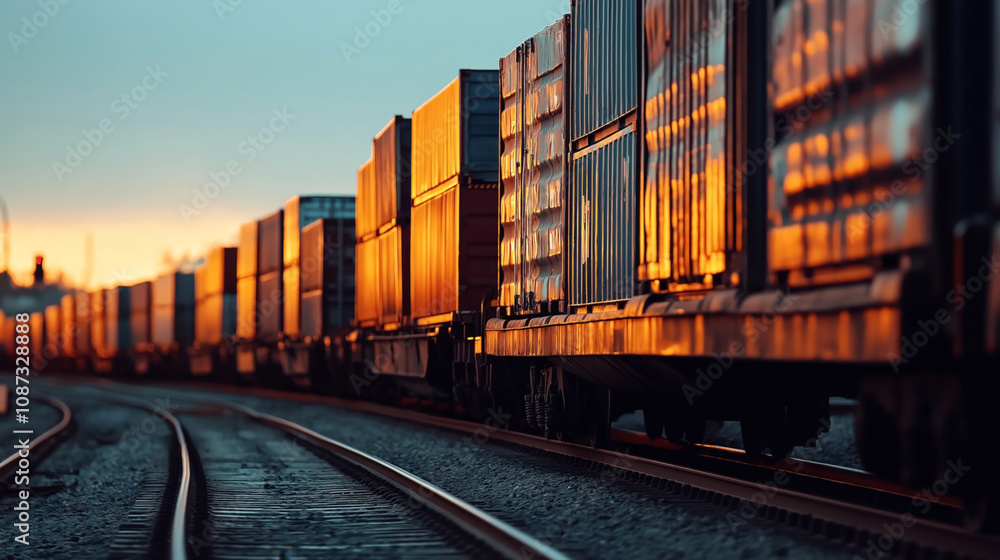 Fototapeta premium Long freight train with stacked shipping containers during sunset, casting a warm glow on the railway tracks in an industrial setting