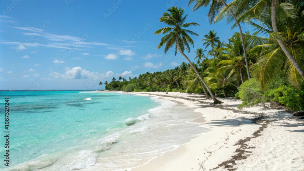 A tropical beach with palm trees, pristine white sand and crystal clear blue water A tropical beach with palm trees, pristine white sand and crystal clear blue water
