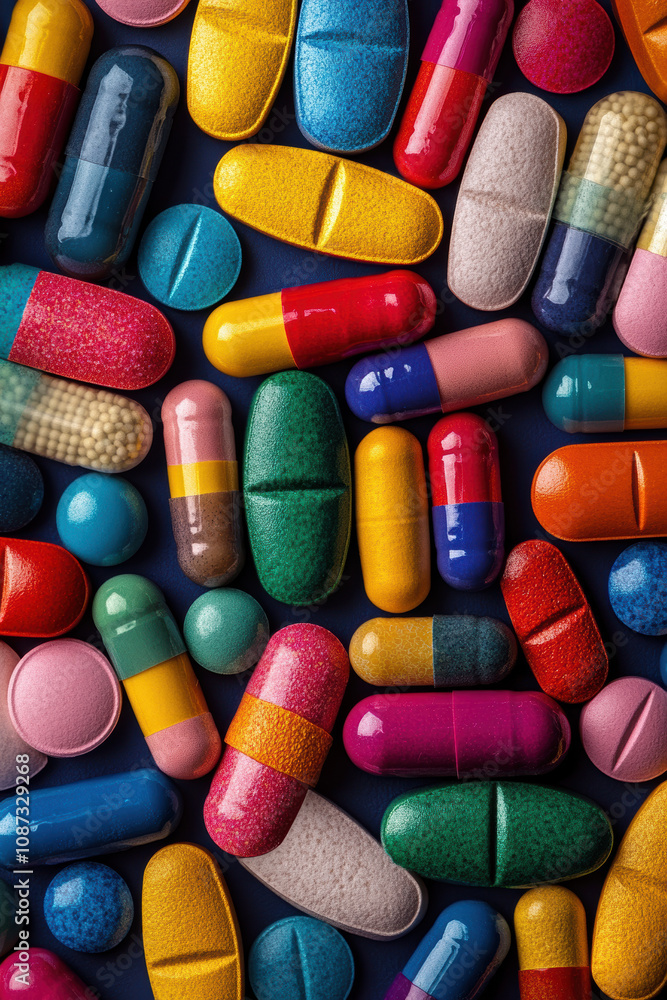 A vibrant collection of assorted capsules and pills, showcasing a variety of shapes and colors, ideal for healthcare and pharmaceutical themes. A vibrant collection of assorted capsules and pills, showcasing a variety of shapes and colors, ideal for healthcare and pharmaceutical themes.