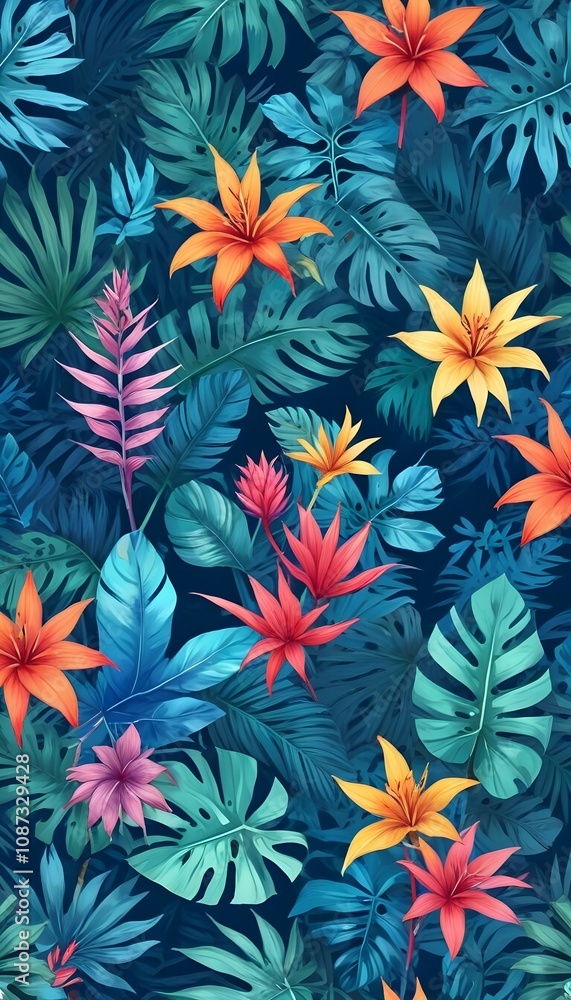 Tropical exotic pattern with animal and flowers in bright colors and lush vegetation Tropical exotic pattern with animal and flowers in bright colors and lush vegetation