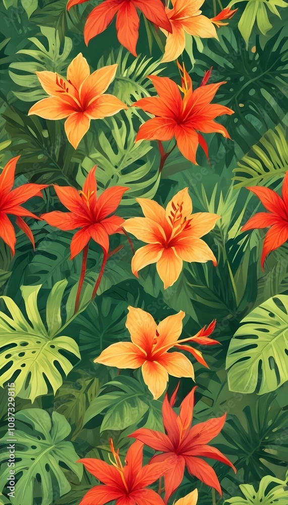 Tropical exotic pattern with animal and flowers in bright colors and lush vegetation Tropical exotic pattern with animal and flowers in bright colors and lush vegetation