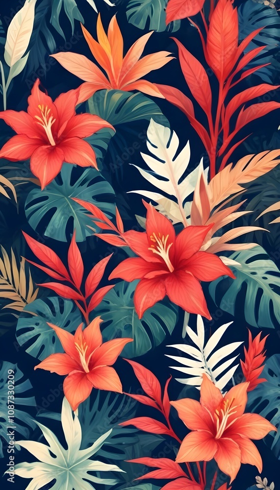 Tropical exotic pattern with animal and flowers in bright colors and lush vegetation Tropical exotic pattern with animal and flowers in bright colors and lush vegetation
