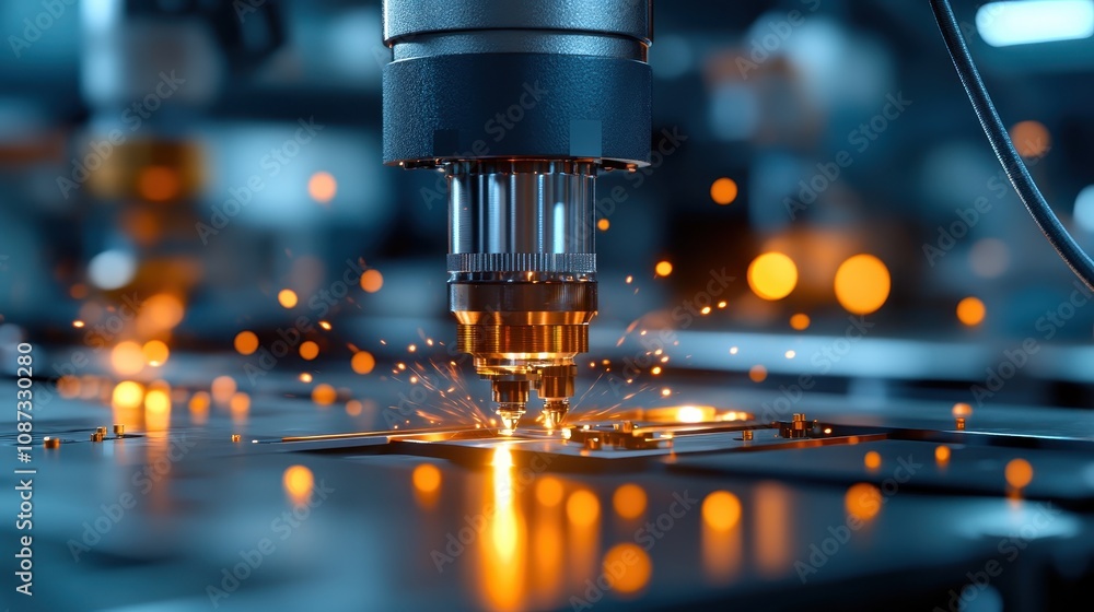 Focus on a precision machine tool emitting bright sparks as it operates, reflecting cutting-edge manufacturing and industrial innovation and precision work. Focus on a precision machine tool emitting bright sparks as it operates, reflecting cutting-edge manufacturing and industrial innovation and precision work.