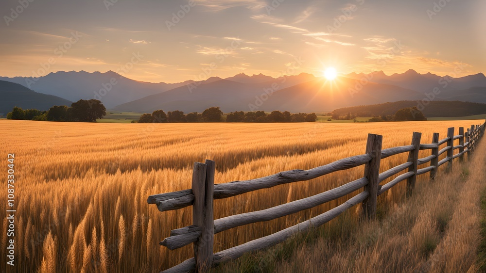 Obraz premium A rustic split rail wooden fence in a golden wheat field with the sun setting behind distant mount, AI Generated