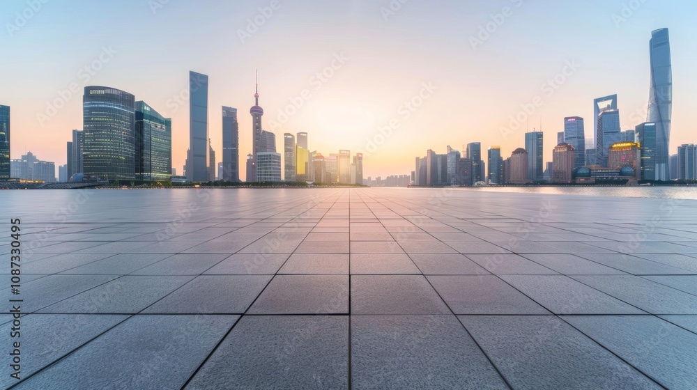 Empty square floor with city skyline background, Cityscape with a blend of time periods, historical landmarks juxtaposed with modern architecture in the urban panorama Empty square floor with city skyline background, Cityscape with a blend of time periods, historical landmarks juxtaposed with modern architecture in the urban panorama