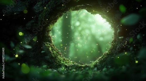 An alluring green-illuminated hole in nature, surrounded by mystical elements and glowing particles, evoking wonder, mystery, and tranquility in a magical forest. photo