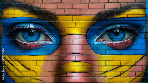 A Detailed Graffiti Artwork of a Woman's Face, with Blue Eyes and a Mask of Yellow and Blue Stripes Painted on a Brick Wall