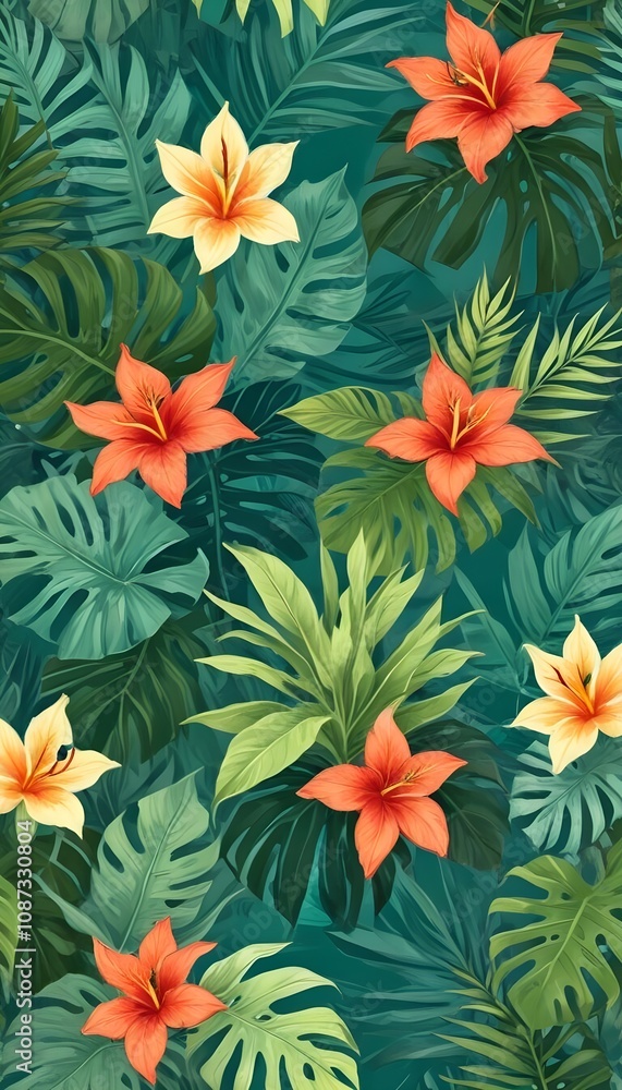 Tropical exotic pattern with animal and flowers in bright colors and lush vegetation Tropical exotic pattern with animal and flowers in bright colors and lush vegetation