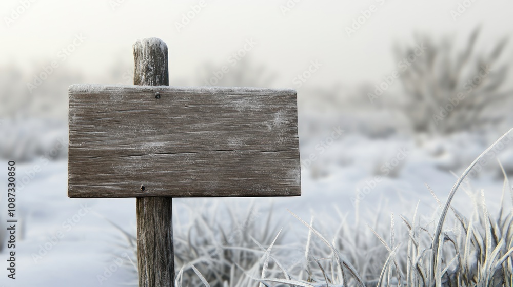 Naklejka premium A wooden signpost stands in a snowy landscape, surrounded by frosted grasses and shrubs.