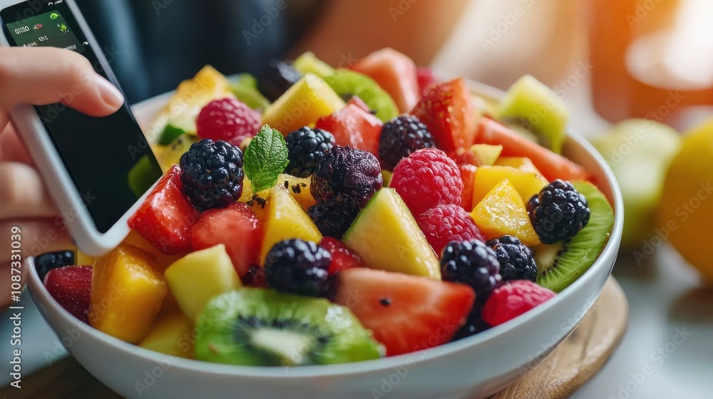 Woman Logging Calories with Fresh Fruit Bowl Woman Logging Calories with Fresh Fruit Bowl