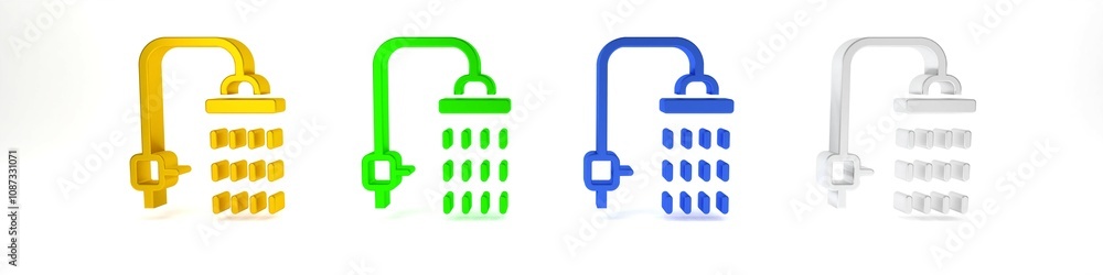 Colorful Shower head with water drops flowing icon isolated on white background. Minimalism concept. 3D render illustration Colorful Shower head with water drops flowing icon isolated on white background. Minimalism concept. 3D render illustration